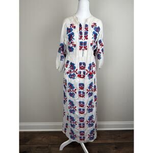 Tuckernuck Nimo With Love White Long Sleeve Embroidered Maxi Dress Red Blue S